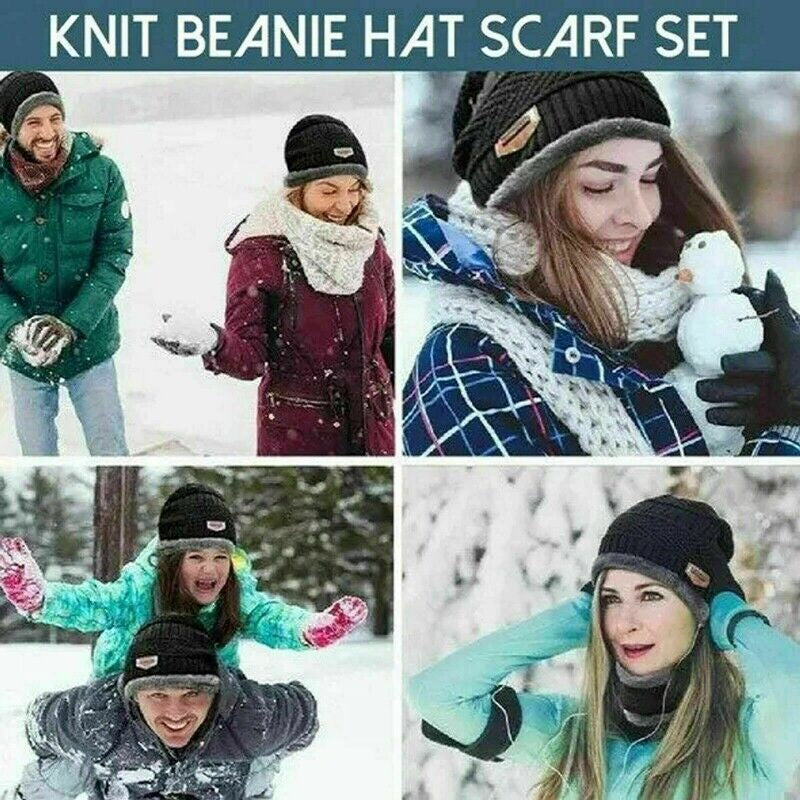 Mens Women Winter Fleece Warm Scarf Hat Knit Beanie Hood Ski Snowboard Skull Cap