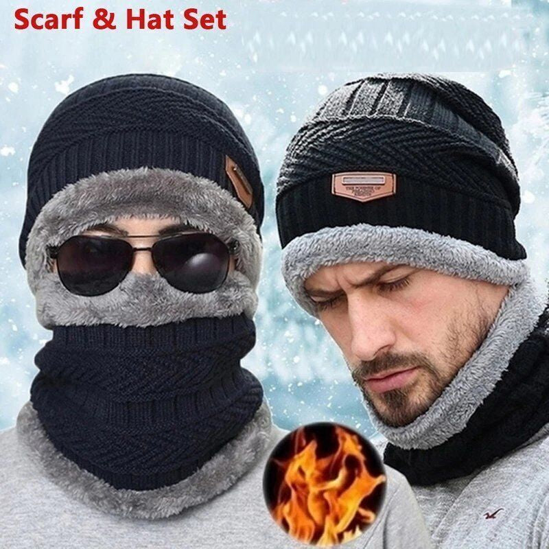 Mens Women Winter Fleece Warm Scarf Hat Knit Beanie Hood Ski Snowboard Skull Cap