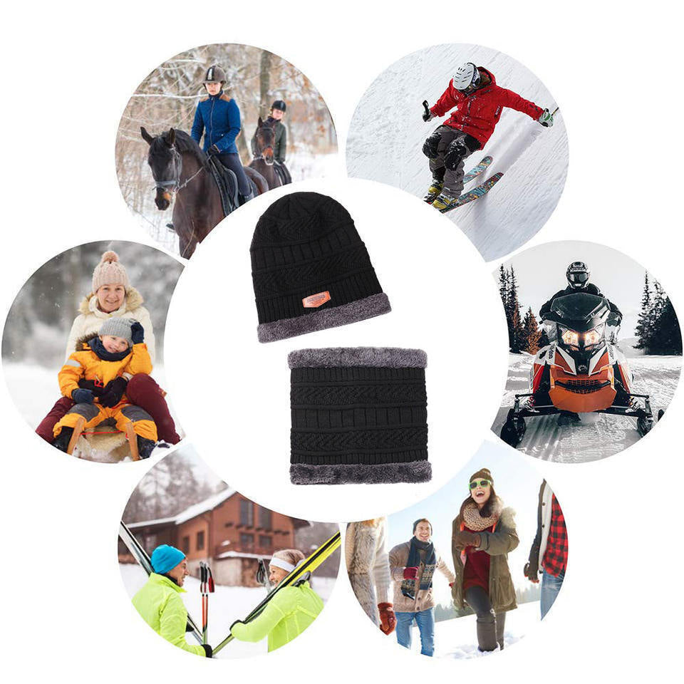 Mens Women Winter Fleece Warm Scarf Hat Knit Beanie Hood Ski Snowboard Skull Cap
