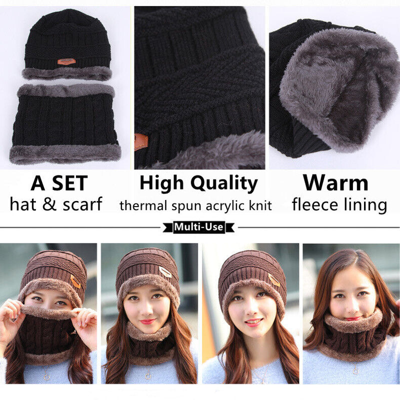 Mens Women Winter Fleece Warm Scarf Hat Knit Beanie Hood Ski Snowboard Skull Cap