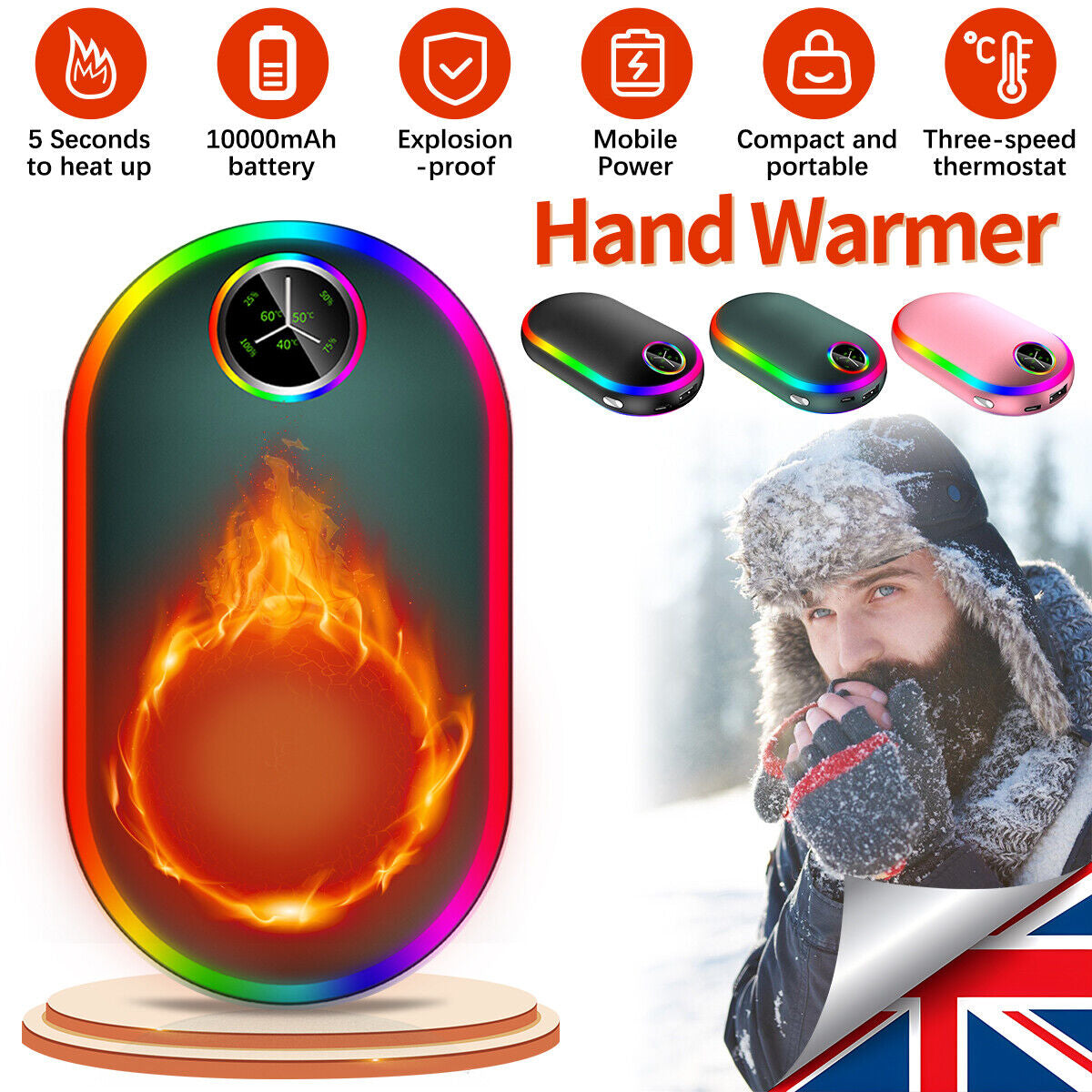 Hand Warmers Rechargeable 3 Levels Electric Portable Pocket Heater & Power Bank