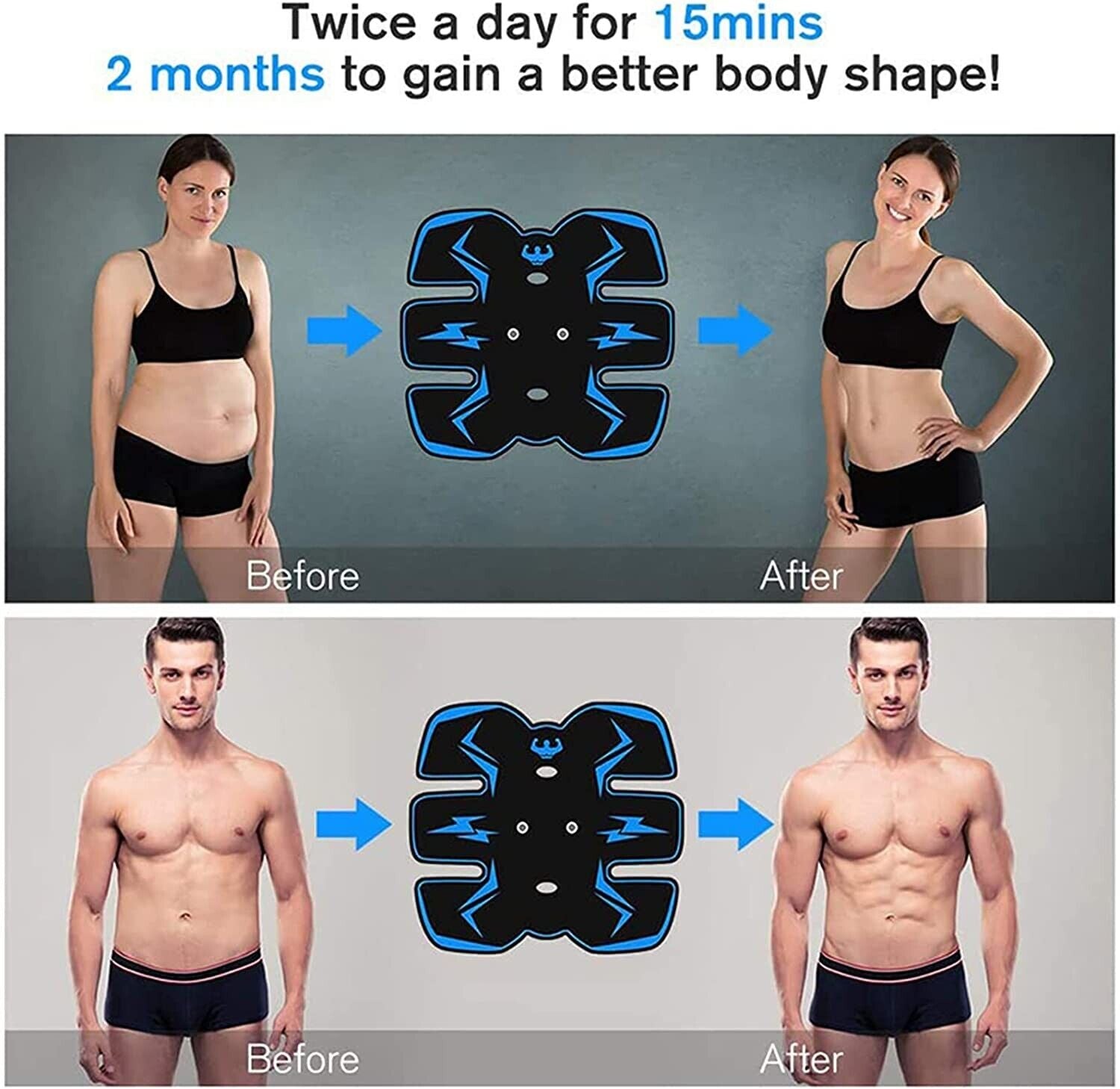 Rechargeable EMS Abdominal Muscle Stimulator ABS Trainer Toner Fitness Belt