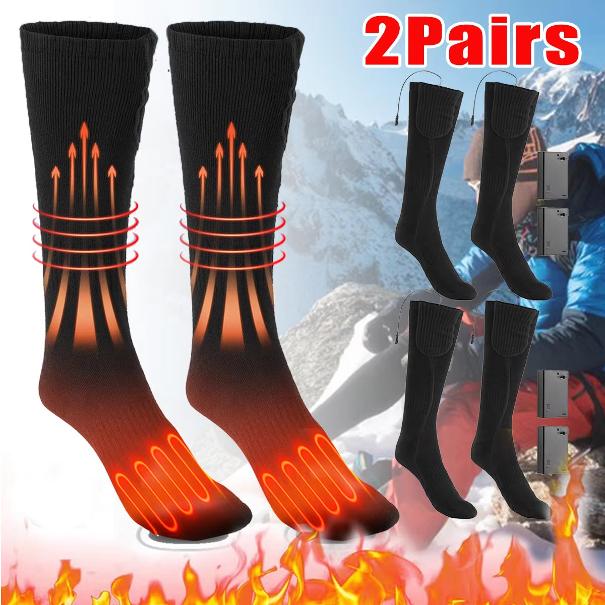 2 Pairs Heated Socks Feet Warm Snowmobile Skiing Boots Heated Socks Outdoor Camping Sports Winter Thermal Stocking Foot Warmer